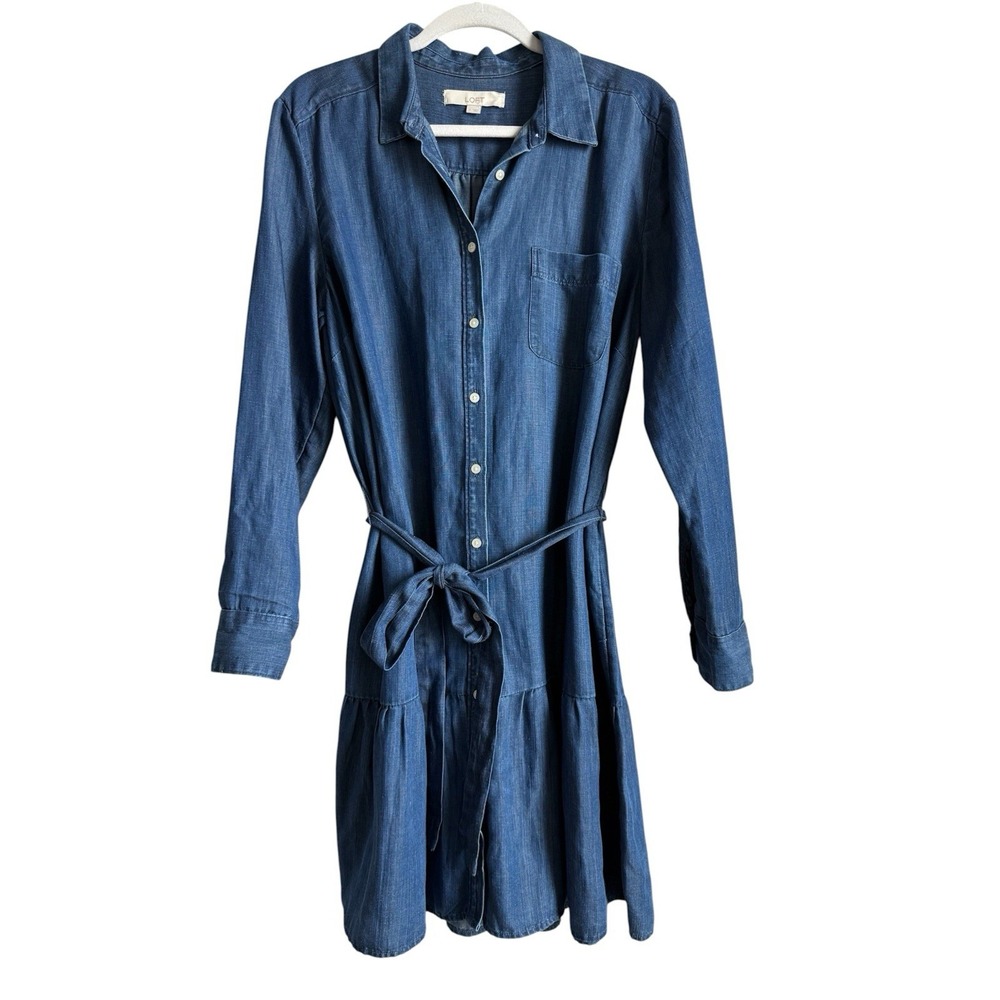 LOFT Chambray Flounce Shirt Dress Tie Waist Long Sleeve Blue Women Large Coastal